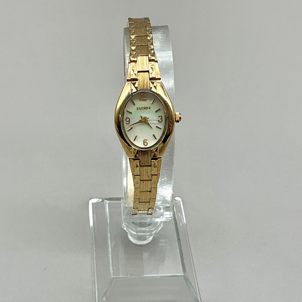 Elgin Watch Womens Gold Tone MOP Style Oval Dial Dress Bracelet 7" NEW BATTERY
